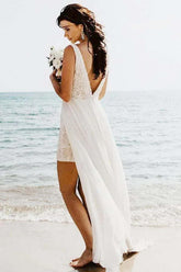A-line V-neck Detachable Train Summer Bridal Gown, Beach Wedding Dress,